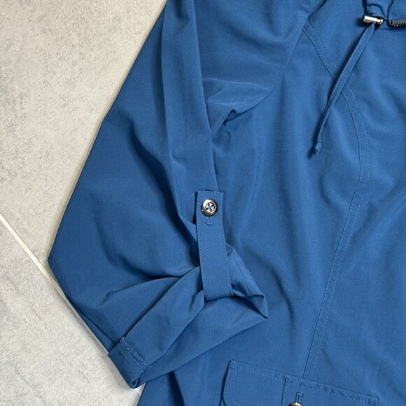Chicos Weekends Full Zip Navy blue Drawstring neck Rain Coat stretch Jacket Sz 3 - Picture 4 of 10